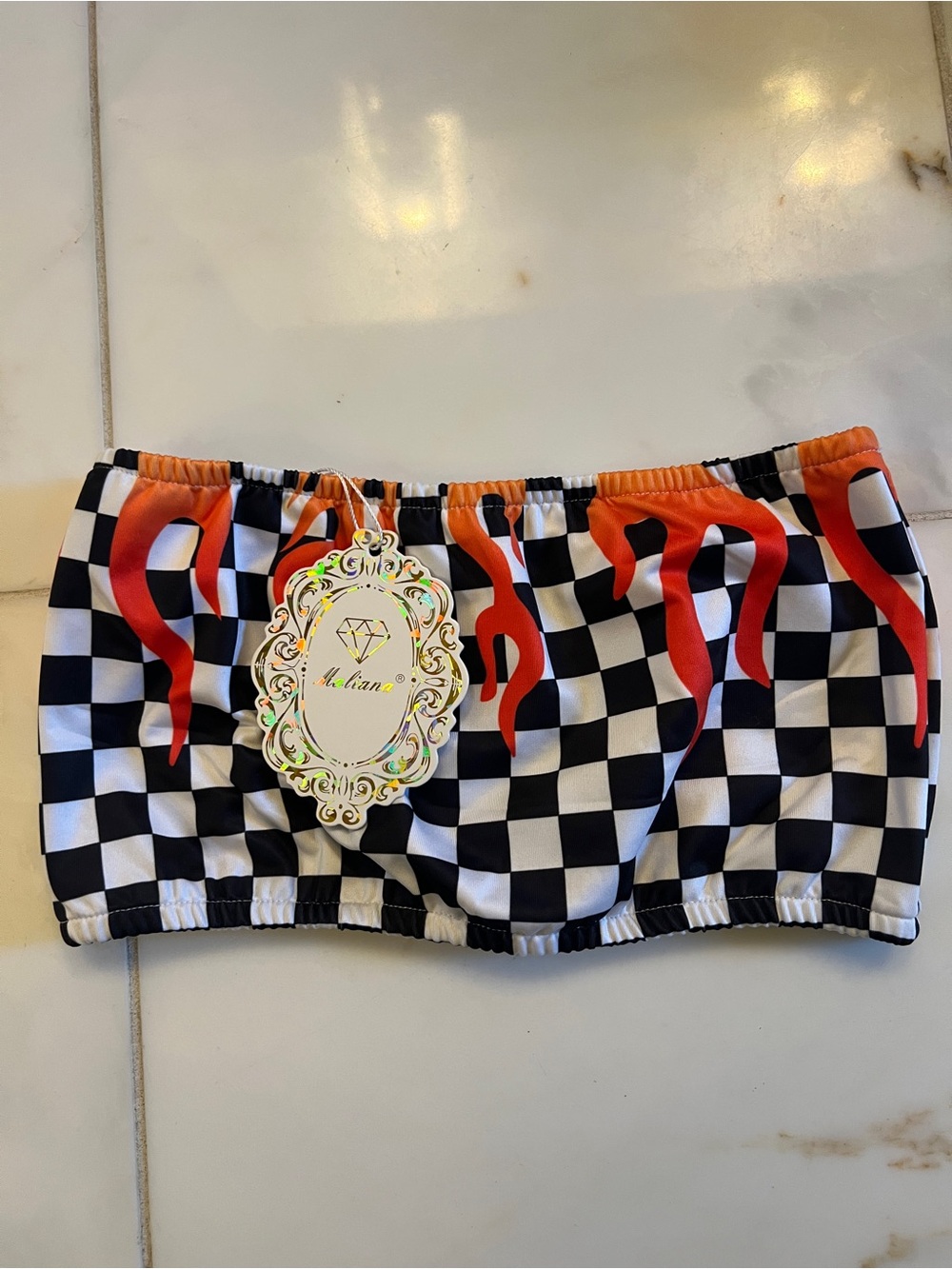 Checkerboard Flame Bandeau Top - Black, White & Red - Hot Rod Top